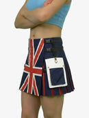 Person wearing a Union Jack skirt with a white pocket on a plain background